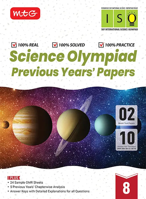 ISO Class-8 Olympiad 10 Previous Years Papers (2025-2021 Set A and B) Science with Sample OMR Sheet For 2026-27 Exam, Publisher: MTG Learning Media Pvt Ltd