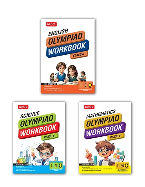Class-8 ISO-IMO-IEO (Science, Mathematics and English) Olympiad Workbook Combo For 2026-27 Exam, Publisher: MTG Learning Media Pvt Ltd