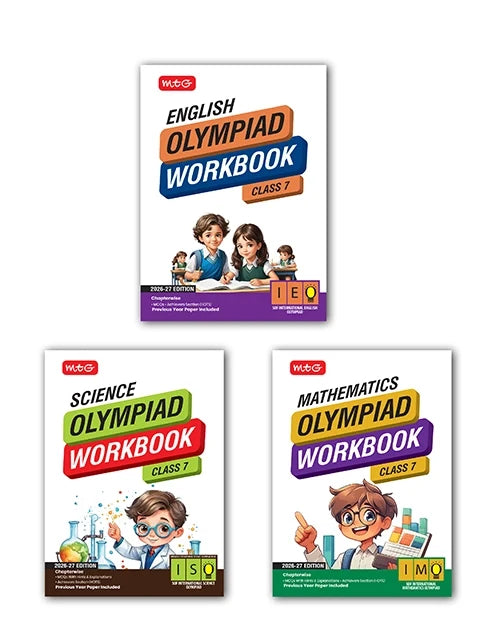 Class-7 ISO-IMO-IEO (Science, Mathematics and English) Olympiad Workbook Combo For 2026-27 Exam, Publisher: MTG Learning Media Pvt Ltd