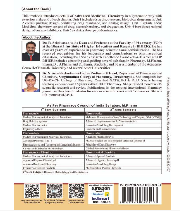 ADVANCED MEDICINAL CHEMISTRY | M.PHARM FIRST SEMESTER,Authors : Dr. R. Shrinivasan, Dr. N. Astalakshmi, THAKUR PUBLICATIONS PVT LTD