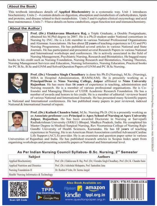 APPLIED BIOCHEMISTRY BOOK B.SC NURSING 2ND SEM, Authors -Prof. (Dr.) Elakkuvana Bhaskara Raj, Prof. (Dr.) Virendra Singh Choudhary , Prof. (Dr.) Kailash Chandra Saini, THAKUR PUBLICATIONS PVT LTD