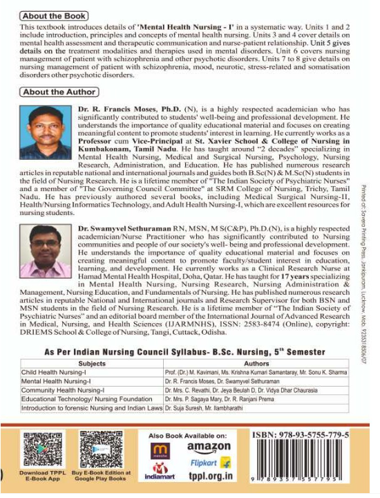 MENTAL HEALTH NURSING-I BOOK B.SC NURSING 5TH SEMESTER, AUTHORS : Dr. R. Francis Moses ,Dr. Swamyvel Sethuraman, THAKUR PUBLICATIONS PVT LTD.