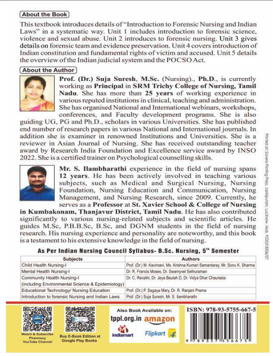 INTRODUCTION TO FORENSIC NURSING AND INDIAN LAWS BOOK B.SC NURSING 5TH SEM, AUTHOR: PROF.(DR.) SUJA SURESH, S. HAMBHARATHI, THAKUR PUBLICATIONS PVT LTD.
