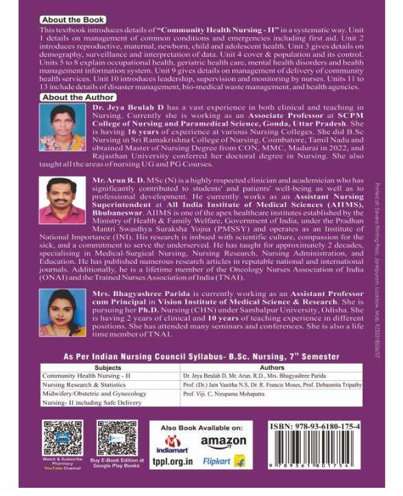 COMMUNITY HEALTH NURSING - II, AUTHORS : Dr. Jeya Beulah D , Arun.R.D , Bhagyashree Parida , THAKUR PUBLICATIONS PVT LTD