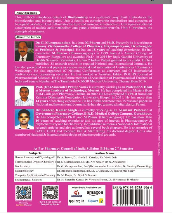 BIOCHEMISTRY BOOK B.PHARM 2ND SEMESTER ,Authors: Dr.G. Murugananthan , Prof. (Dr.) Amredra Pratap Yadav ,THAKUR PUBLICATIONS PVT LTD