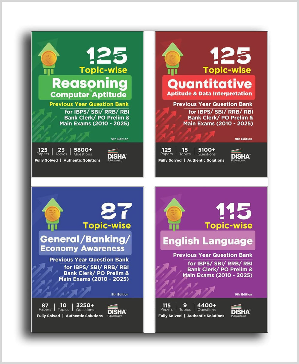 Disha Combo (set of 4 Books) 125 Topic-wise Reasoning/ Quantitative Aptitude/ English/ General Awareness Solved Papers for IBPS/ SBI/ RRB/ RBI Bank Clerk/ PO Prelim & Main Exams (2010 - 25) 9th Edition|Disha|