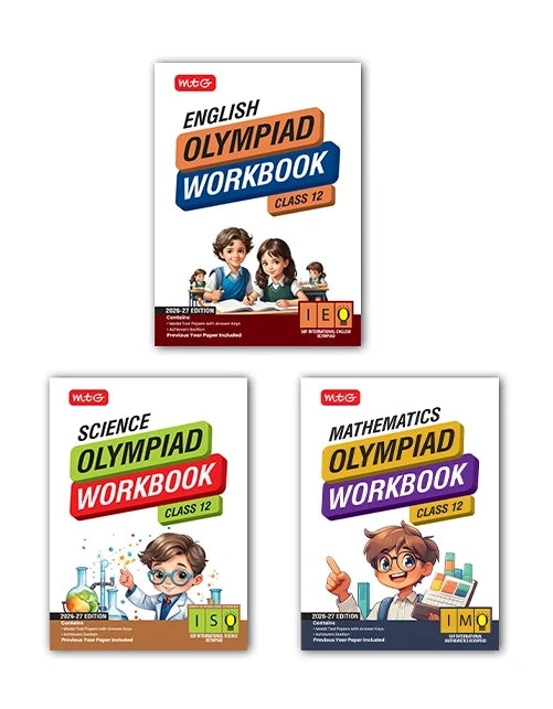 Class-12 ISO-IMO-IEO (Science, Mathematics and English) Olympiad Workbook Combo For 2026-27 Exam, Publisher: MTG Learning Media Pvt Ltd