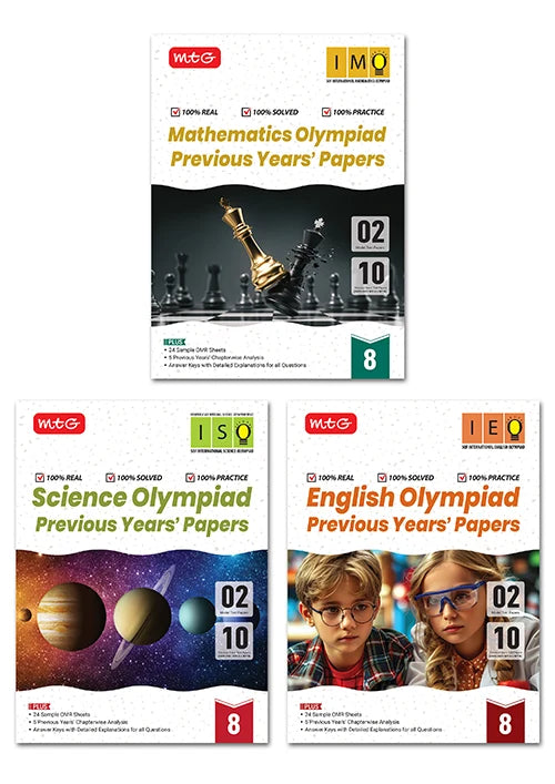 IMO-ISO-IEO Class-8 Olympiad Previous Years Papers (2025-2021 Set A and B) Mathematics, Science and English Combo Pack For 2026-27 Exam,