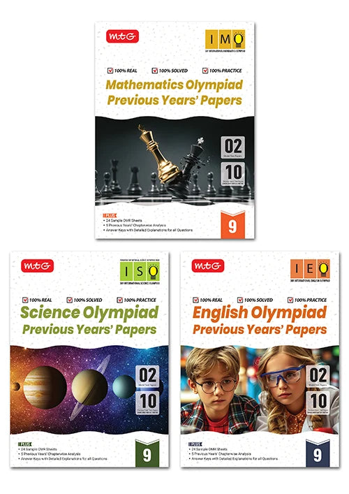 IMO-ISO-IEO Class-9 Olympiad Previous Years Papers (2025-2021 Set A and B) Mathematics, Science and English Combo Pack For 2026-27 Exam, Publisher: MTG Learning Media Pvt Ltd