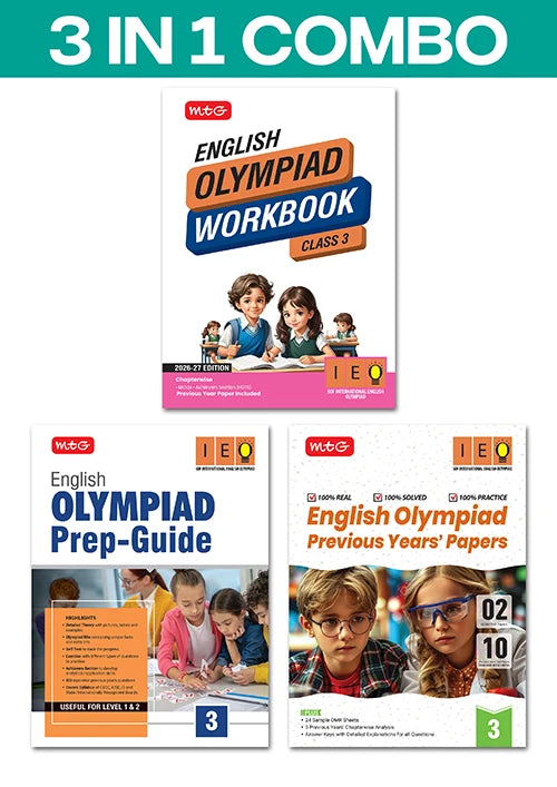 Class 3 International English Olympiad (IEO) Workbook, Prep-Guide and Previous Years Papers (PYQs) (3 IN 1 COMBO) For 2026-27 Exam, Publisher: MTG Learning Media Pvt Ltd