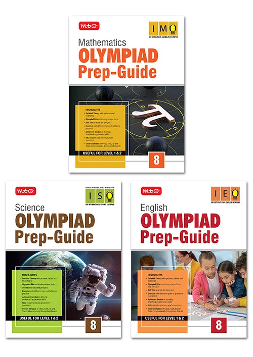 Class-8 Olympiad Prep-Guide Mathematics, Science and English (OPG Combo Pack) For SOF 2026-27 Exam, Publisher: MTG Learning Media Pvt Ltd