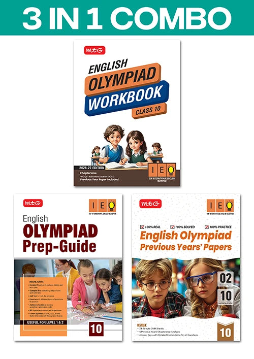 Class 10 International English Olympiad (IEO) Workbook, Prep-Guide and Previous Years Papers (PYQs) (3 IN 1 COMBO) For 2026-27 Exam, Publisher: MTG Learning Media Pvt Ltd