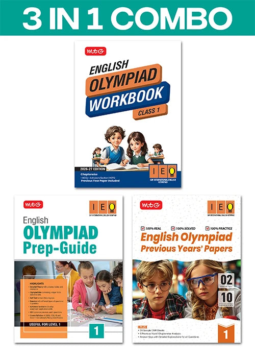 Class 1 International English Olympiad (IEO) Workbook, Prep-Guide and Previous Years Papers (PYQs) (3 IN 1 COMBO) For 2026-27 Exam, Publisher: MTG Learning Media Pvt Ltd