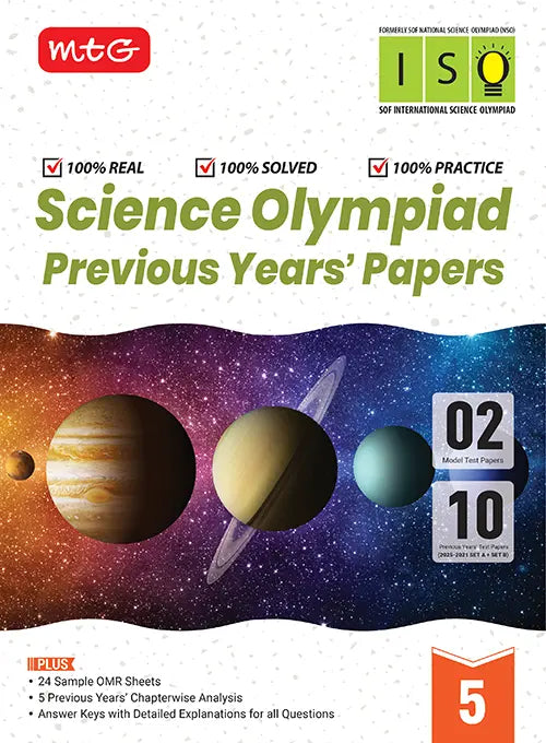ISO Class-5 Olympiad 10 Previous Years Papers (2025-2021 Set A and B) Science with Sample OMR Sheet For 2026-27 Exam, Publisher: MTG Learning Media Pvt Ltd