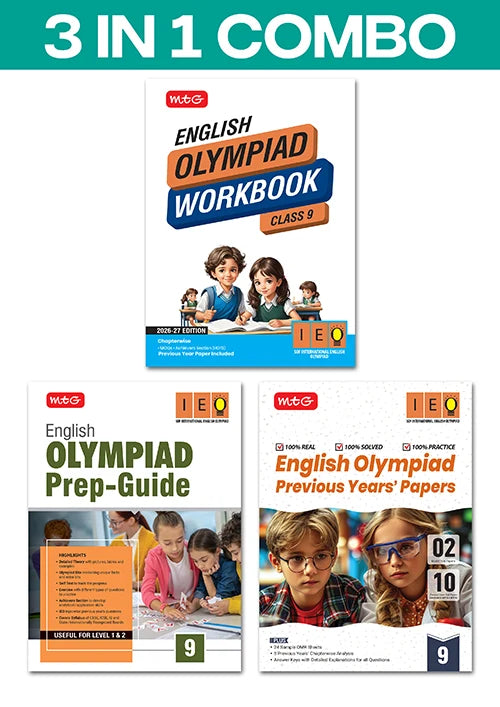 Class 9 International English Olympiad (IEO) Workbook, Prep-Guide and Previous Years Papers (PYQs) (3 IN 1 COMBO) For 2026-27 Exam, Publisher: MTG Learning Media Pvt Ltd