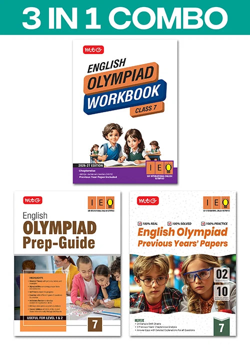 Class 7 International English Olympiad (IEO) Workbook, Prep-Guide and Previous Years Papers (PYQs) (3 IN 1 COMBO) For 2026-27 Exam, Publisher: MTG Learning Media Pvt Ltd