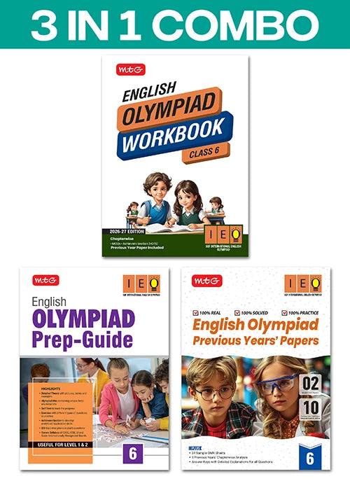 Class 6 International English Olympiad (IEO) Workbook, Prep-Guide and Previous Years Papers (PYQs) (3 IN 1 COMBO) For 2026-27 Exam, Publisher: MTG Learning Media Pvt Ltd