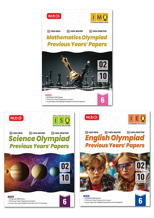 IMO-ISO-IEO Class-6 Olympiad Previous Years Papers (2025-2021 Set A and B) Mathematics, Science and English Combo Pack For 2026-27 Exam, Publisher: MTG Learning Media Pvt Ltd