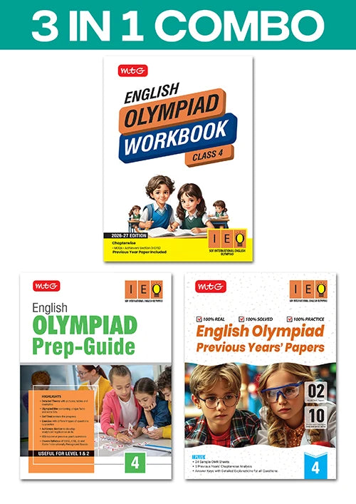 Class 4 International English Olympiad (IEO) Workbook, Prep-Guide and Previous Years Papers (PYQs) (3 IN 1 COMBO) For 2026-27 Exam, Publisher: MTG Learning Media Pvt Ltd