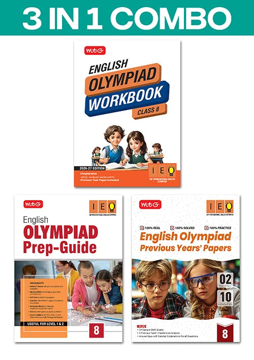 Class 8 International English Olympiad (IEO) Workbook, Prep-Guide and Previous Years Papers (PYQs) (3 IN 1 COMBO) For 2026-27 Exam, Publisher: MTG Learning Media Pvt Ltd