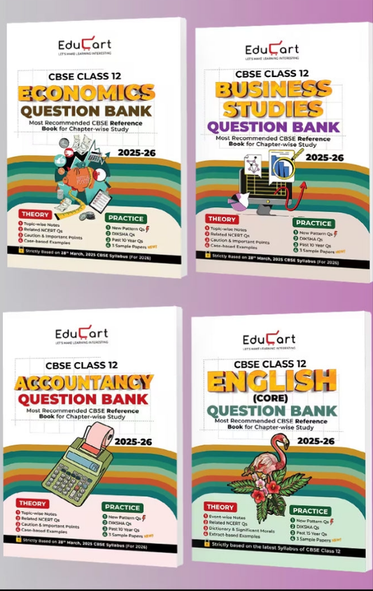 Educart CBSE Question Bank Class 12 2025-26 Accountancy, Business Studies, Economics and English on New Syllabus 2025-26 (Includes Past Years Solved Questions) Set of 4 Books