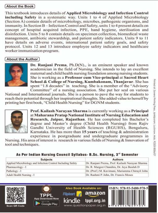 APPLIED MICROBIOLOGY AND INFECTION CONTROL INCLUDING SAFETY BOOK B.SC NURSING 3RD SEM, AUTHORS: Dr. Ranjani Prema , Prof. Kailash Narayan Sharma, THAKUR PUBLICATIONS PVT LTD