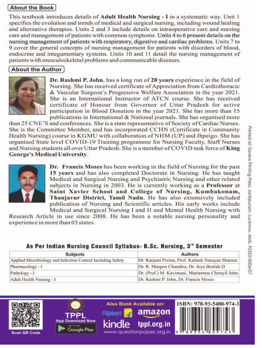ADULT HEALTH NURSING-I BOOK B.SC NURSING 3RD SEM, AUTHORS : Dr.Rashmi. P. John. : Dr. Francis Moses/ISBN : 9789354809743, THAKUR PUBLICATIONS PVT LTD