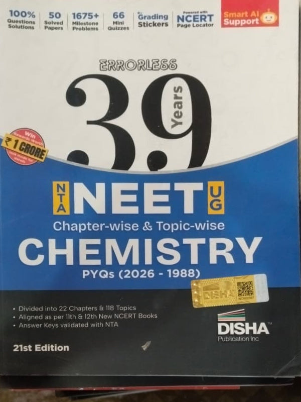 Errorless 39 Years NTA NEET UG Chapter-wise & Topic-wise Chemistry PYQs (2026–1988) | 21st Edition | DISHA Publication Inc. | Chemistry | 21st Edition