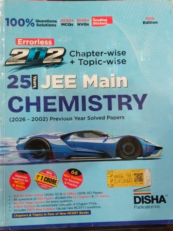 Errorless 202 Chapter-wise + Topic-wise 25 Years JEE Main Chemistry (2026–2002) Previous Year Solved Papers | 10th Edition | Disha Publication Inc. | Chemistry | 10th Edition