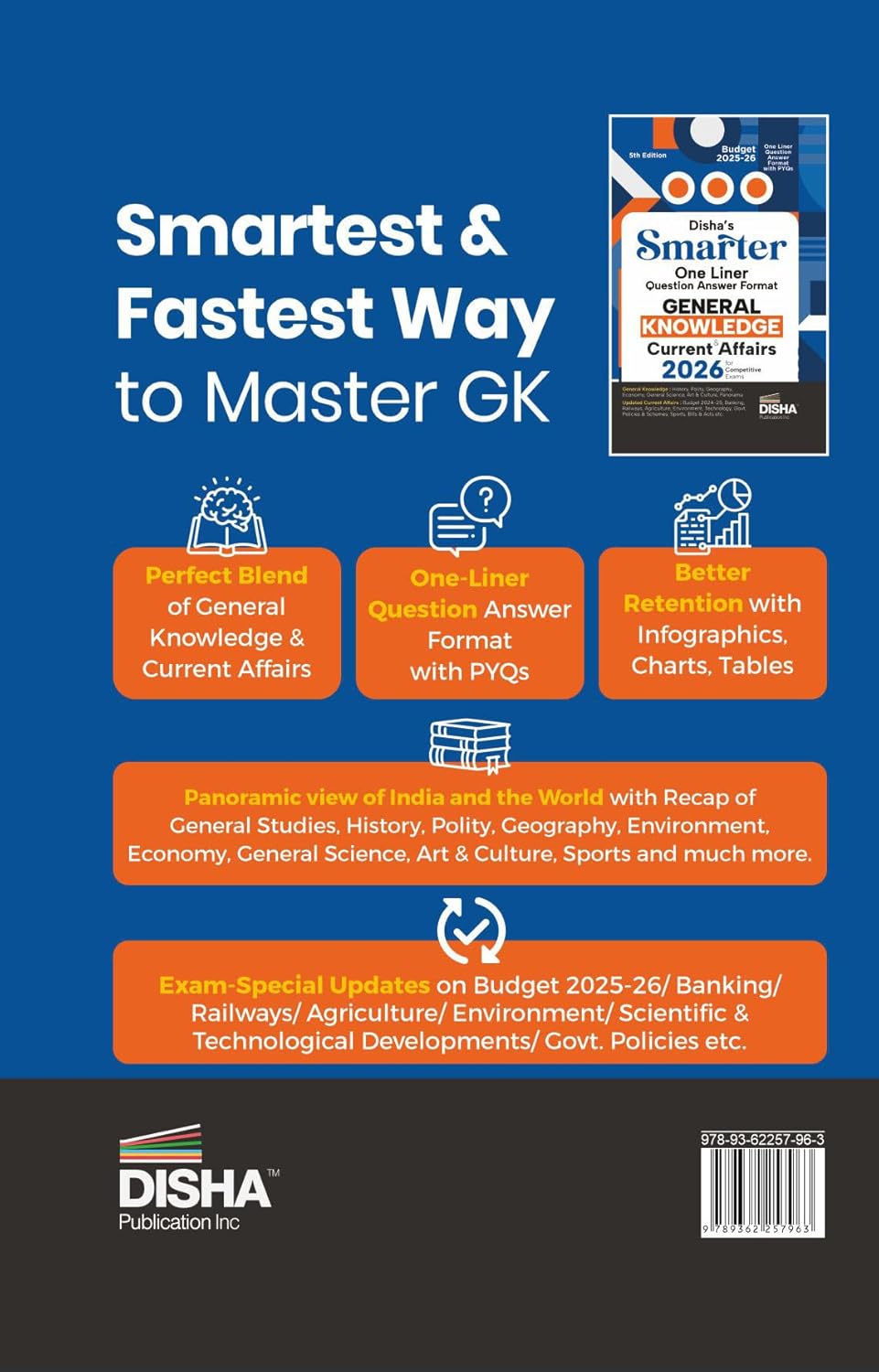 Disha's SMARTER One Liner Question Answer Format General Knowledge & Current Affairs 2026 for Competitive Exams 5th Edition | UPSC, PSC, SSC, Bank, Railways RRB, CDS, NDA, Police, Constable, CUET|Disha|