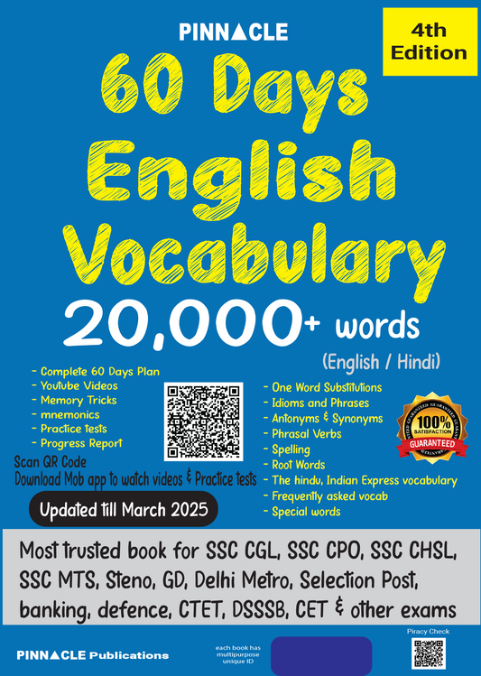 Pinnacle 60 Days English Vocabulary Latest 4th Edition (Updated Till March 2025) |Bilingual| PINNACLE