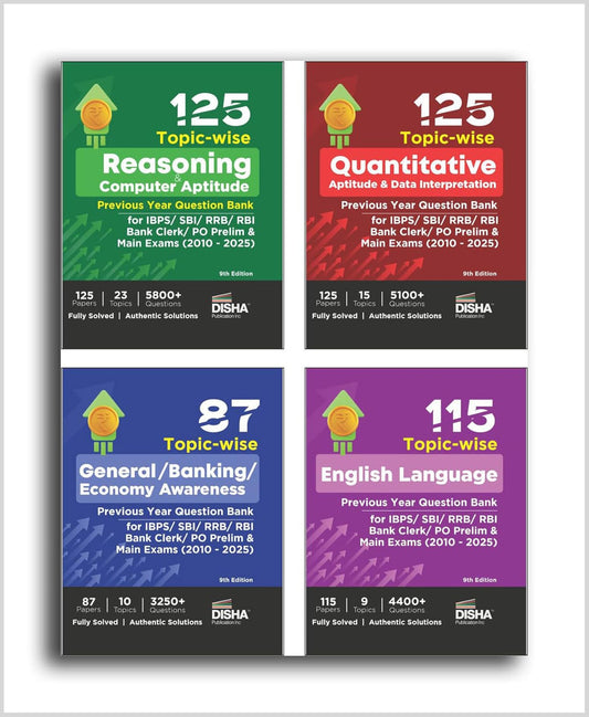 Disha Combo (set of 4 Books) 125 Topic-wise Reasoning/ Quantitative Aptitude/ English/ General Awareness Solved Papers for IBPS/ SBI/ RRB/ RBI Bank Clerk/ PO Prelim & Main Exams (2010 - 25) 9th Edition|Disha|