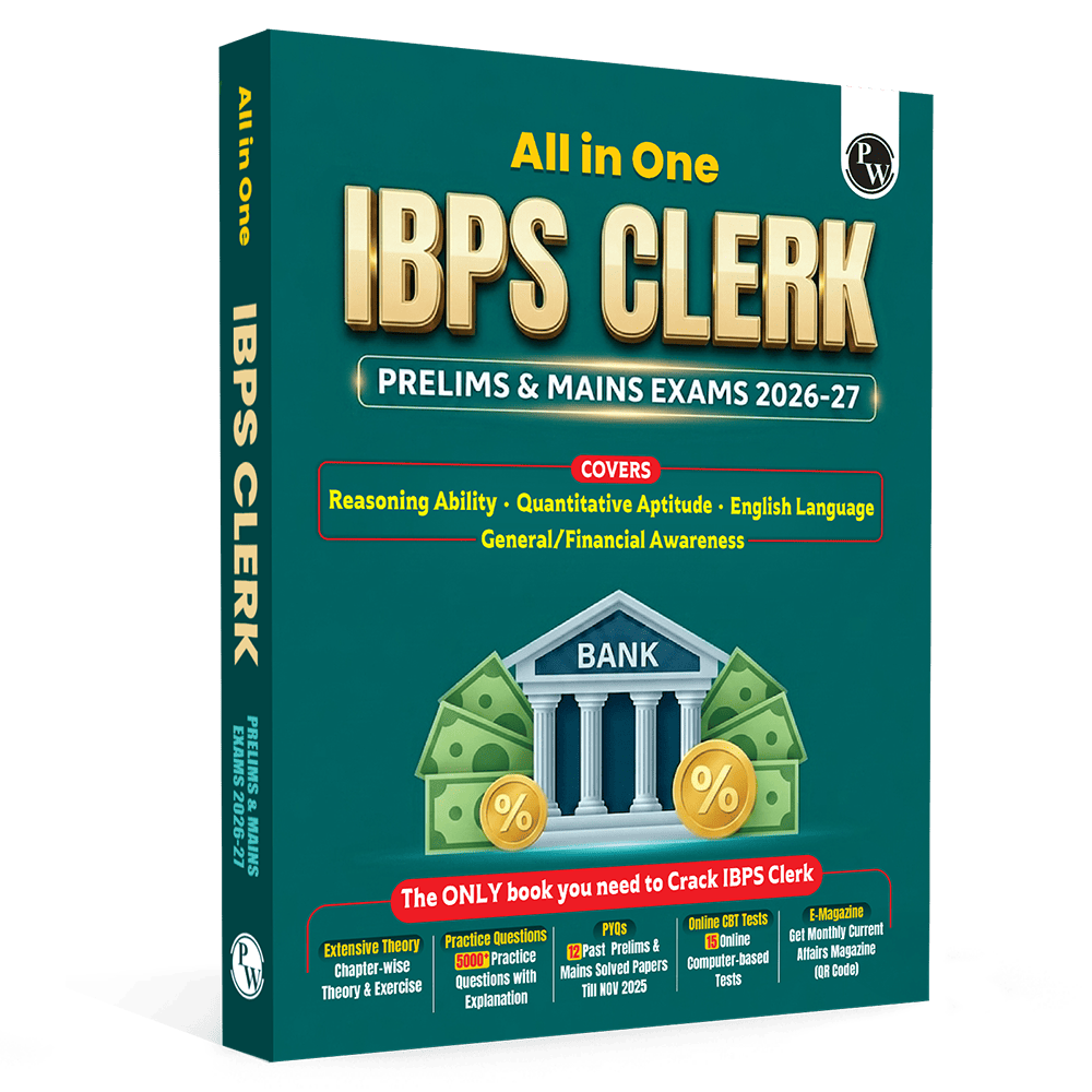 PW All in One IBPS Clerk 2026 Book Prelims & Mains Exams | Chapterwise Theory and Exercises | 12 Previous Year Solved Papers PYQ Till Oct 2025 and 15 Online CBT Tests English Edition
By PW