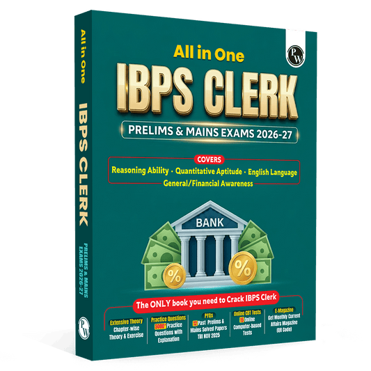 PW All in One IBPS Clerk 2026 Book Prelims & Mains Exams | Chapterwise Theory and Exercises | 12 Previous Year Solved Papers PYQ Till Oct 2025 and 15 Online CBT Tests English Edition
By PW
