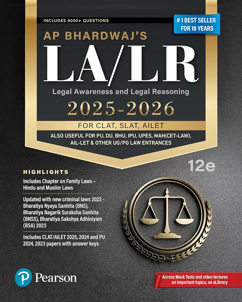 LA/LR Legal Awareness and Legal Reasoning (2025-26) | For CLAT, SLAT, AILET Also Useful for PU, DU, BHU, IPU, UPES, MAH (CET-LAW), ALL-LET & Other UG/PG Law Entrances | Includes 6000+ Questions | Includes CLAT/AILET 2025, 2024 and PU 2024, 2023 Papers Wit
