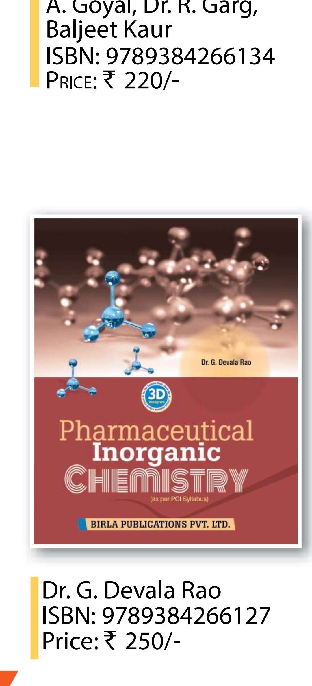 Pharmaceutical Inorganic Chemistry As per PCI Syllabus | 1st Semester B. Pharm | Dr. G. Devala Rao | Birla Publications